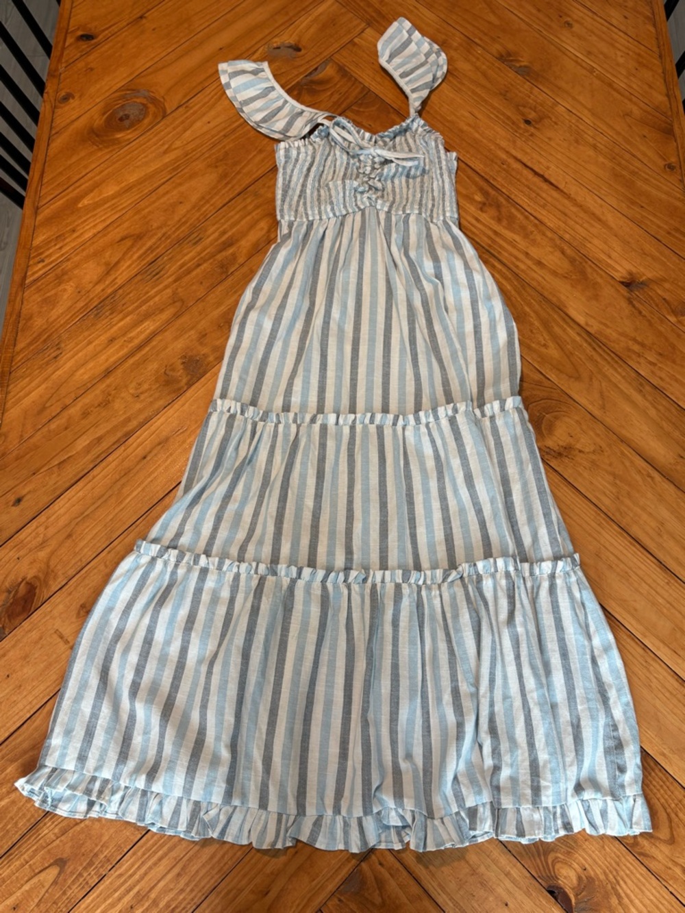 Planet Gold Striped Blue and White Tiered Maxi Dress Small